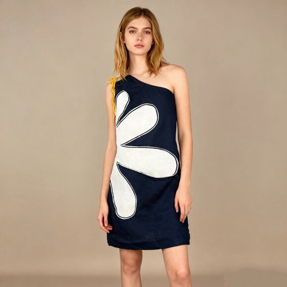 NWOT Farm Rio x Anthropologie One-Shoulder Linen Blend Flower Mini Dress Size LP - Picture 1 of 13